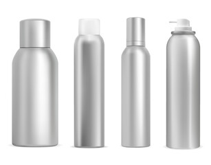 Metal aerosol can mockup. Aluminum deodorant spray bottle, silver plastic lid. Hairspray cosmetic can illustration, realistic hair care product. Paint sprayer tin, steel tube for label - obrazy, fototapety, plakaty