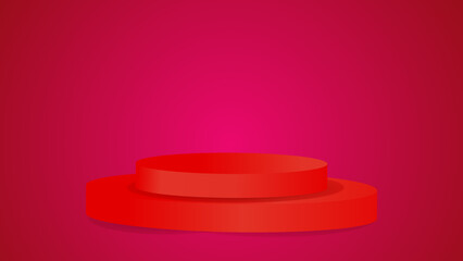 Abstract glossy red cylindrical pedestal podium. Sci-fi blue abstract space concept, Vector render 3d shape, product view presentation. Futuristic wall scene. Vector illustration