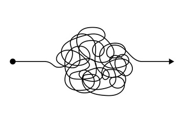 Arrow chaos mindset mess. Doodle knot line concept with freehand scrawl sketch. hand drawn difficult thought process. Tangle path - obrazy, fototapety, plakaty