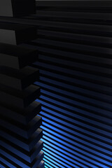Close-up of an abstract neon maze on a blue background. 3d rendering illustration.