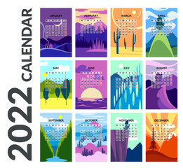 Calendar 2022 template. Design concept with abstract nature landscape. Set of 12 months 2022 pages. Wall calendar design, Planner, Week start on Sunday, vertical layout