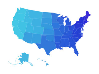 Blank map of United States of America divided into states. Simplified flat silhouette vector map in shades of blue