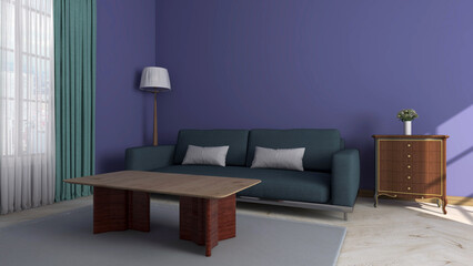 A modern living room with purple wall. 3D rendering