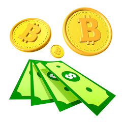 3d bitcoin icon and money on white background