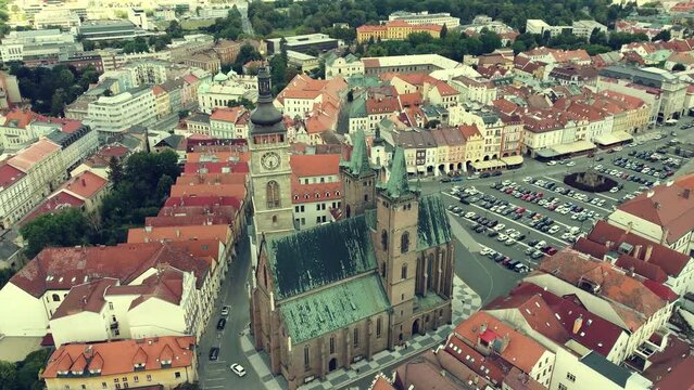 Aerial view of Hradec Kralove historic city centre, over the bridge and river
