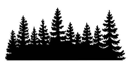Obraz premium Fir trees silhouette. Coniferous spruce horizontal background pattern, black evergreen woods illustration. Beautiful hand drawn panorama with treetops forest