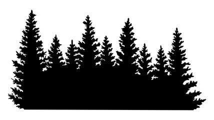 Fir trees silhouette. Coniferous spruce horizontal background pattern, black evergreen woods illustration. Beautiful hand drawn panorama with treetops forest