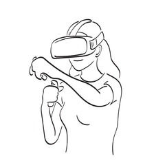 line art woman playing games with vr glasses and joysticks illustration vector hand drawn isolated on white background
