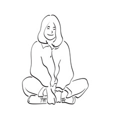 line art full length smiling woman sitting on the floor illustration vector hand drawn isolated on white background