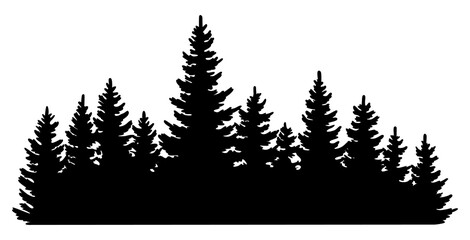 Fir trees silhouette. Coniferous spruce horizontal background pattern, black evergreen woods illustration. Beautiful hand drawn panorama with treetops forest