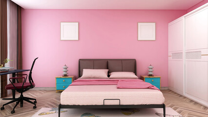 Simple and modern pink bedroom with wall frame mock-up. 3D rendering