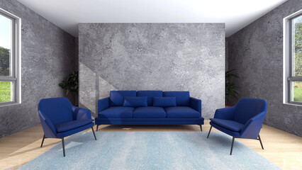 A living room with concrete wall, blue sofa, and green plants. 3D rendering