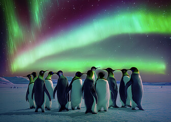 King penguins huddled together under in the antarctic under the southern lights - obrazy, fototapety, plakaty