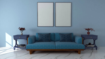 A modern blue living room with wall frame mock-up. 3D rendering