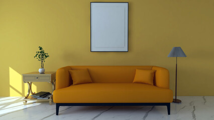 A modern yellow living room with a wall frame mock-up. 3D rendering