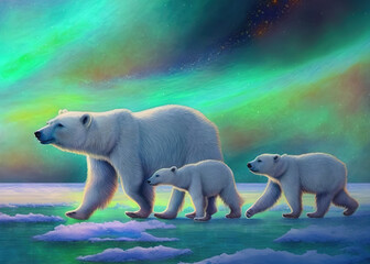 polar bear adult with cubs on the ice under the northern lights