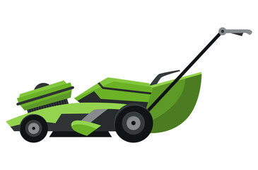 Lawn mower machine in green color. Trimming, pruning and cutting grass electric or petrol mower work tool for garden. Flat cartoon icon isolated on white background