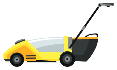 Lawn mower machine in green color. Trimming, pruning and cutting grass electric or petrol mower work tool for garden. Flat cartoon icon isolated on white background