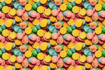 Bitcoins-shaped sugar on numerous sweets. Infinite multipliable pattern, tile pattern