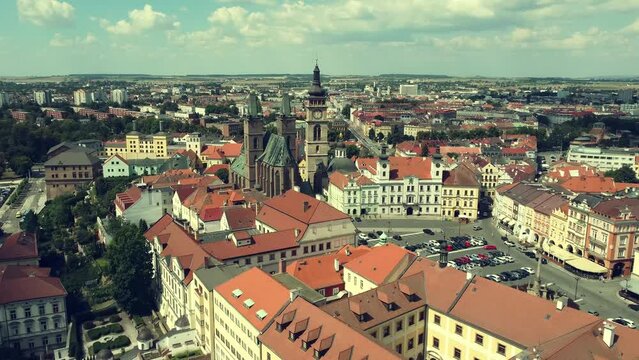 Aerial view of Hradec Kralove historic city centre, over the bridge and river