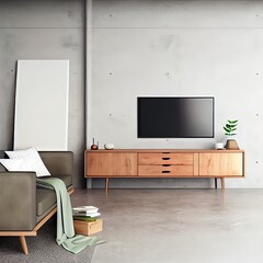 Mockup cabinet a TV wall wooden in a cement room with sofa and decor.3d rendering