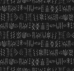 Magic symbols seamless pattern, black white signs - Archaic gothic folk art. Ethnic background. Magic and magical art. Pagan signs. 