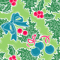 Christmas and New Year seamless pattern for wrapping paper, fabric print, textile design, decorative elements. Pine tree with xmas decoration. Hand drawn illustration. Cartoon style drawing.