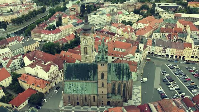 Aerial view of Hradec Kralove historic city centre, over the bridge and river