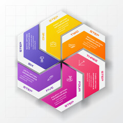 Hexagon infographics template with 6 options in white color background