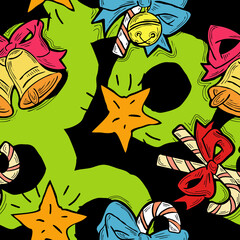 Christmas and New Year seamless pattern for wrapping paper, fabric print, textile design, decorative elements. Pine tree with xmas decoration. Hand drawn illustration. Cartoon style drawing.