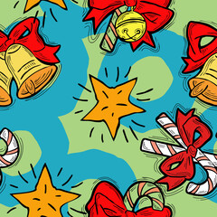 Christmas and New Year seamless pattern for wrapping paper, fabric print, textile design, decorative elements. Pine tree with xmas decoration. Hand drawn illustration. Cartoon style drawing.