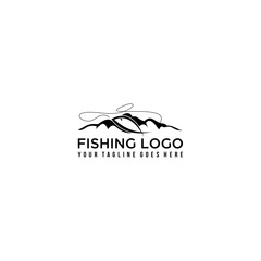 Vector fishing logo with fish, fishing rod, line, hook and mountains. 