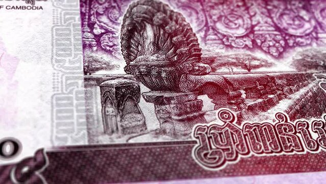 Cambodia Cambodian Riel 5000 Banknotes, Five Thousand Cambodian Riel, Close-up and macro view of the Cambodian Riel, Tracking and Dolly Shots 5000 Cambodian Riel banknote Observe and Reserve Side