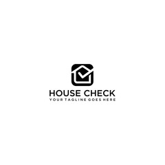 Real estate logo - home or house with chimney and check mark or tick symbol.