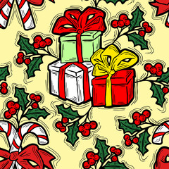 Christmas and New Year seamless pattern for wrapping paper, fabric print, textile design, decorative elements. Pine tree with xmas decoration. Hand drawn illustration. Cartoon style drawing.