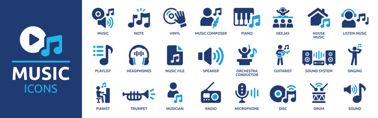 Music icon set. Musical instrument symbol. Containing musical note, vinyl record, radio, piano, speaker, sound and disc icons. Vector illustration.