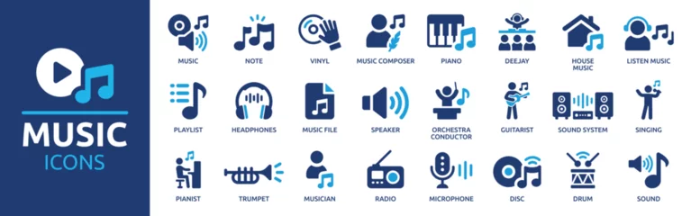 Rolgordijnen Music icon set. Musical instrument symbol. Containing musical note, vinyl record, radio, piano, speaker, sound and disc icons. Vector illustration. © Icons-Studio