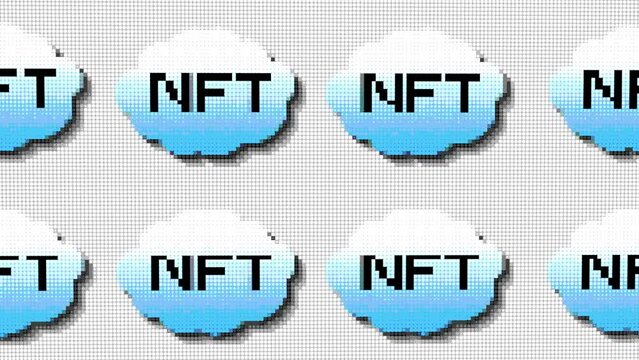 NFT text on 8 bit pixel moving clouds, abstract retro background. ow frame rate imitation. 