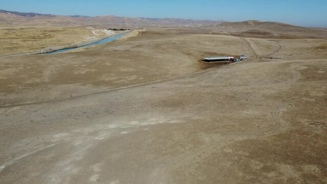 An Aerial UAV View of The California Aqueduct Running Through the Central Valley Near Modesto