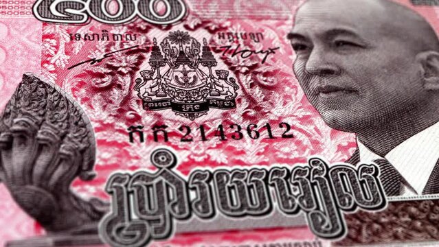 Cambodia Cambodian Riel 500 Banknotes, Five Hundred Cambodian Riel, Close-up and macro view of the Cambodian Riel, Tracking and Dolly Shots 500 Cambodian Riel banknote Observe and Reserve Side