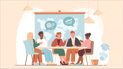 Business meeting partners. Moving poster with male and female entrepreneurs sitting at table and discussing project. Collaboration and brainstorming. Report analysis. Flat graphic animated cartoon - Powered by Adobe