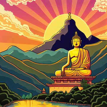 Buddha Statue And Moutain Background