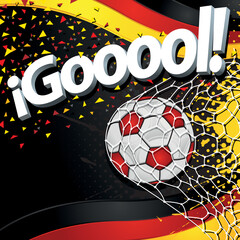 Word GOOOOL in white 3D font next to a soccer ball scoring a goal on a background of German flags and black, red, and yellow confetti. Vector image