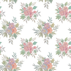 Template design for design, postcards, textiles, wallpapers. Seamless floral pattern with flowers and leaves, watercolor illustration.