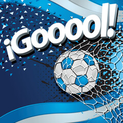 Word GOOOOL in white 3D font next to a soccer ball scoring a goal on a background of Argentina flags and light blue and white confetti. Vector image