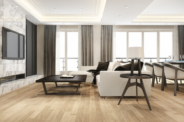 Naklejka na ściany i meble 3d rendering modern dining room and living room with luxury decor