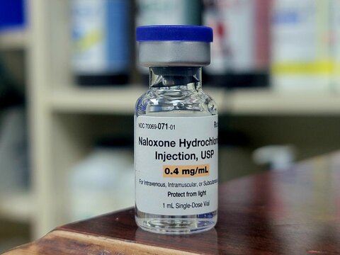 Closeup shot of a glass vial of Narcan 0.4mg per ml for emergencies and overdoses