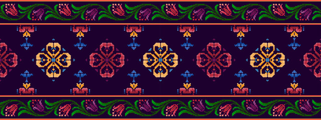 Pixel Ethnic seamless pattern decoration design. Ikat Aztec fabric carpet boho mandalas textile decor wallpaper. Tribal native motif ornaments traditional embroidery vector background 