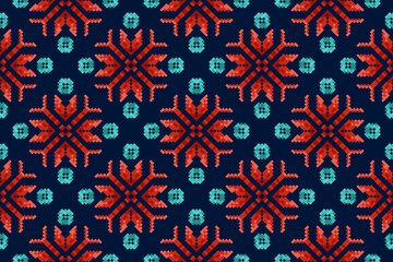 Pixel Ethnic seamless pattern decoration design. Ikat Aztec fabric carpet boho mandalas textile decor wallpaper. Tribal native motif ornaments traditional embroidery vector background 