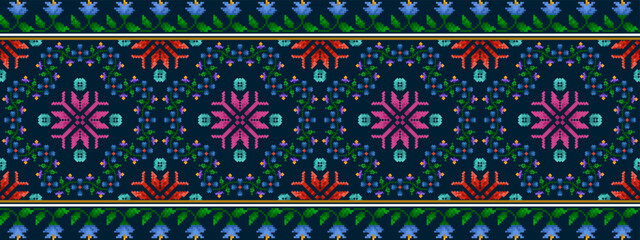 Pixel Ethnic seamless pattern decoration design. Ikat Aztec fabric carpet boho mandalas textile decor wallpaper. Tribal native motif ornaments traditional embroidery vector background 